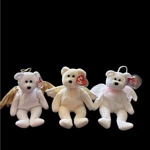Ty White and Cream Angel Bear Plush Beanie Baby Trio with Wings